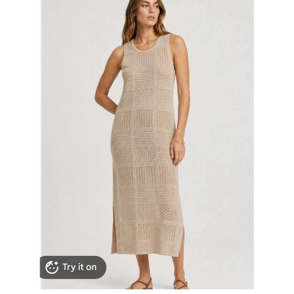 Lucky Brand crochet beach Knit Midi Dress in Beige Large Vacation Neutral Party